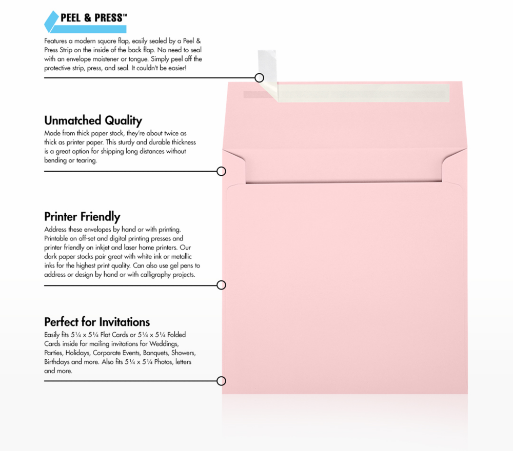 Baby Candy Pink 32lb 5 1/2 x 5 1/2 Square Envelopes with Peel & Seal