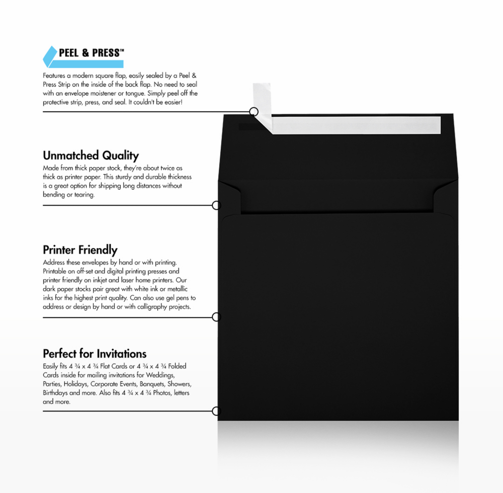 Smooth Midnight Black 32lb 5 x 5 Square Envelopes with Peel & Seal