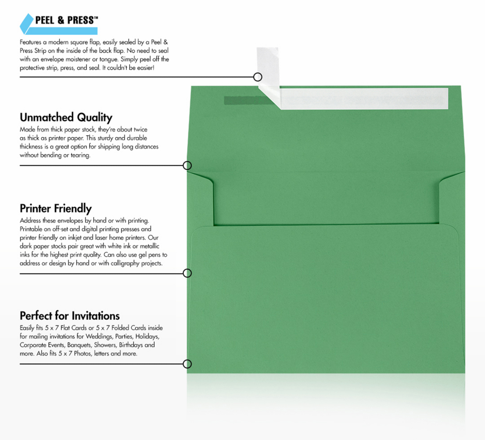 Holiday Green 32lb A7 Invitation Envelopes (5 1/4 x 7 1/4) with Peel & Seal