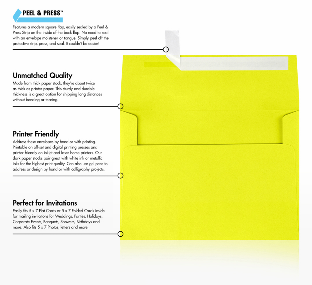 Citrus Yellow 32lb A7 Invitation Envelopes (5 1/4 x 7 1/4) with Peel & Seal