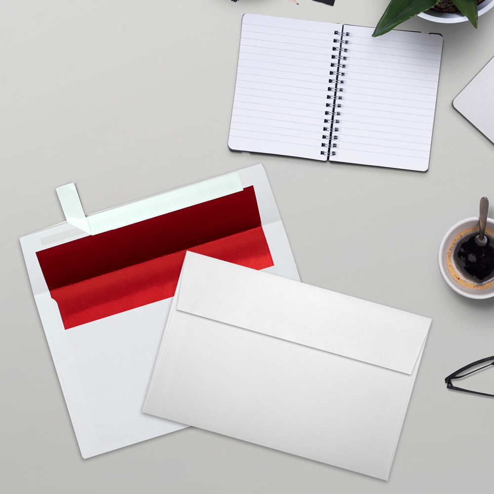 White with Red Foil Lining 24lb A9 Invitation Envelopes (5 3/4 x 8 3/4) with Peel & Seal