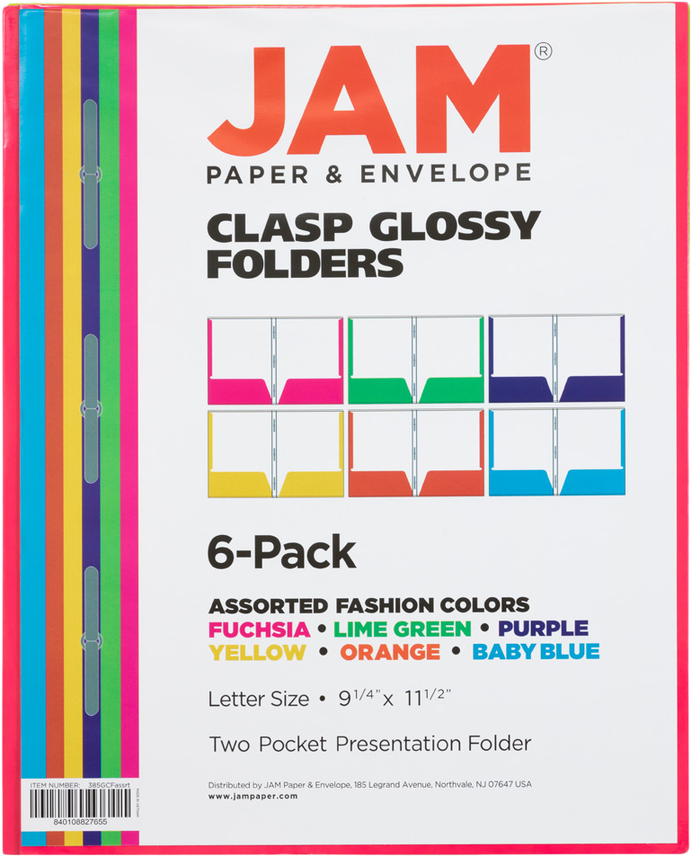 Assorted Fashion 9 x 12 Glossy with Clips Folders - 6 Pack