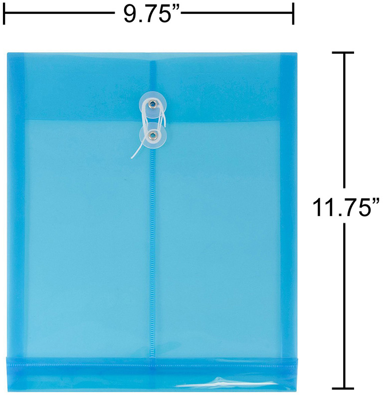 Assorted Letter Open End Plastic Envelopes (9 3/4 x 13) with Button & String - 6 Pack