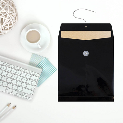 Black Letter Open End Plastic Envelopes (9 3/4 x 13) with Button & String
