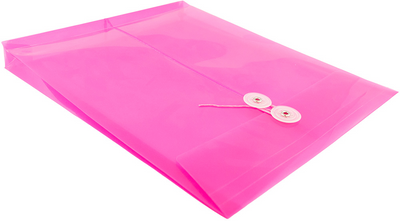 Fuchsia Pink Letter Open End Plastic Envelopes (9 3/4 x 13) with Button & String