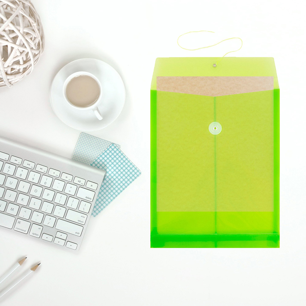 Lime Green Letter Open End Plastic Envelopes (9 3/4 x 13) with Button & String