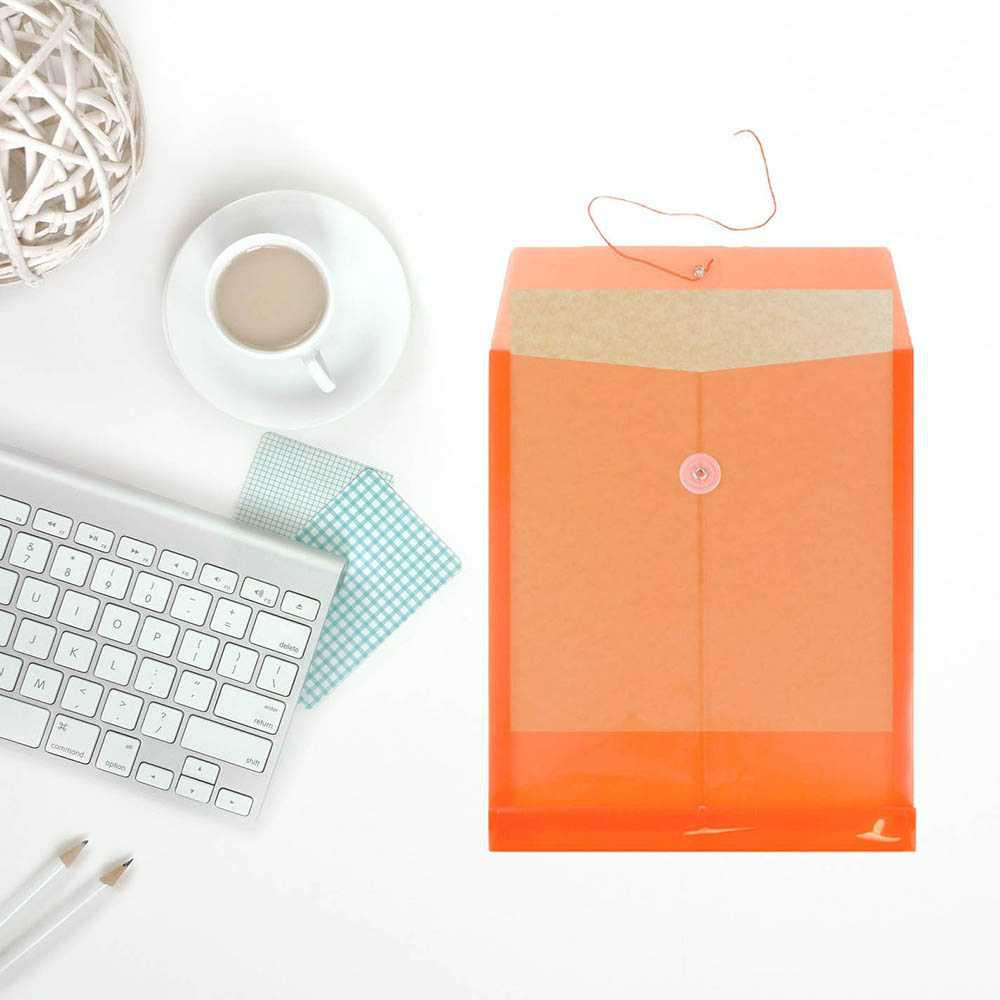 Orange Letter Open End Plastic Envelopes (9 3/4 x 13) with Button & String