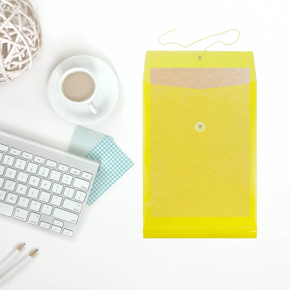 Yellow Legal Open End Plastic Envelopes (9 3/4 x 14 1/2) with Button & String