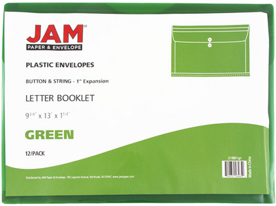 Green Letter Booklet Plastic Envelopes (9 3/4 x 13) with Button & String