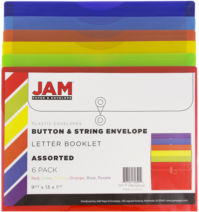 Assorted Letter Booklet Plastic Envelopes (9 3/4 x 13) with Button & String - 6 Pack