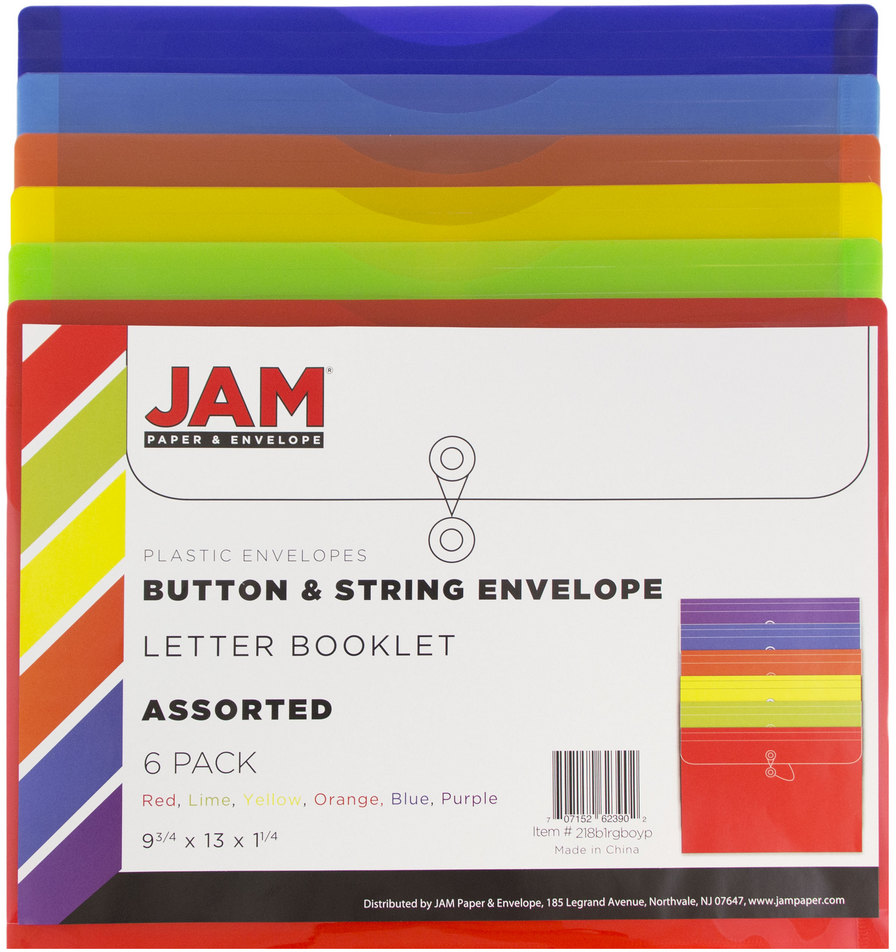 Assorted Letter Booklet Plastic Envelopes (9 3/4 x 13) with Button & String - 6 Pack