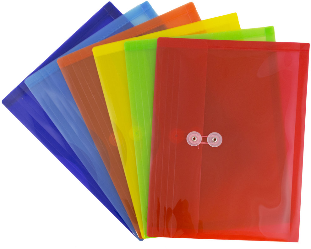 Assorted Letter Booklet Plastic Envelopes (9 3/4 x 13) with Button & String - 6 Pack