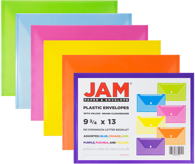 Assorted Letter Booklet Plastic Envelopes (9 3/4 x 13) with Hook and Loop Closure - 6 Pack