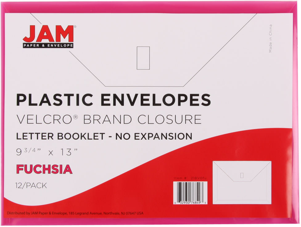 Fuchsia Pink Letter Booklet Plastic Envelopes (9 3/4 x 13) with Hook and Loop Closure