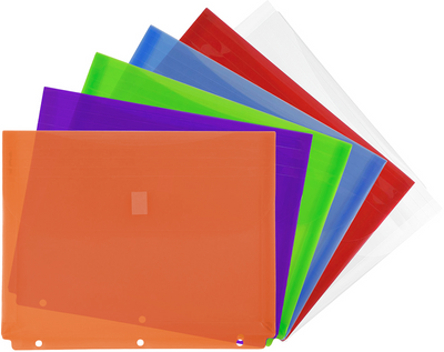 Assorted Letter Booklet 3 Hole Punch with 1" Expansion Plastic Envelopes (9 1/2 x 11 1/2) with Hook and Loop Closure - 6 Pack