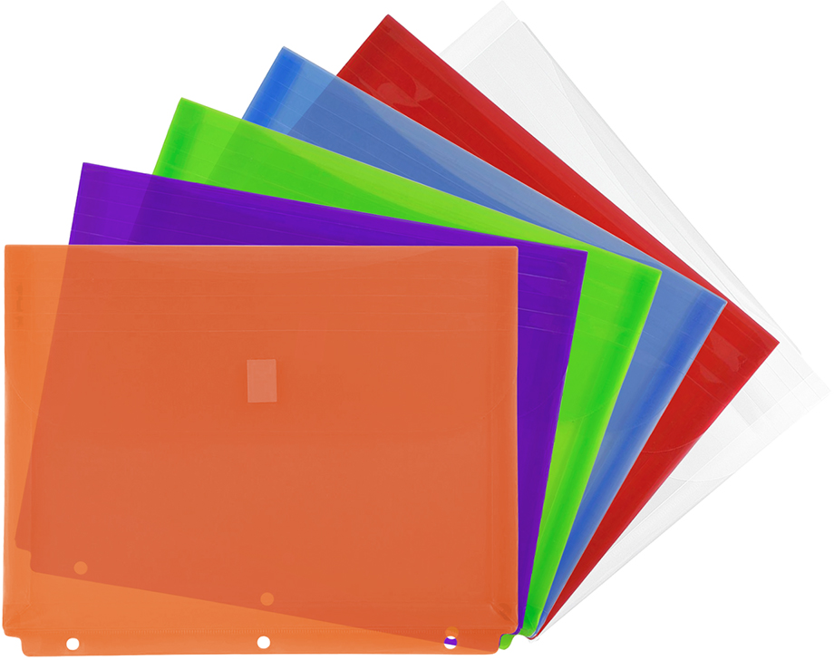 Assorted Letter Booklet 3 Hole Punch with 1" Expansion Plastic Envelopes (9 1/2 x 11 1/2) with Hook and Loop Closure - 6 Pack