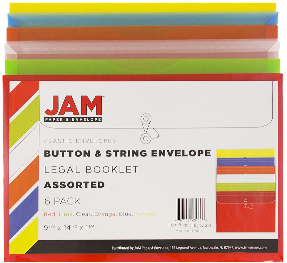 Assorted Legal Booklet Plastic Envelopes (9 3/4 x 14 1/2) with Button & String - 6 Pack