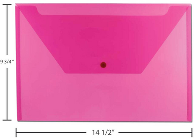 Fuchsia Pink Legal Booklet Plastic Envelopes (9 3/4 x 14 1/2) with Snap Closure
