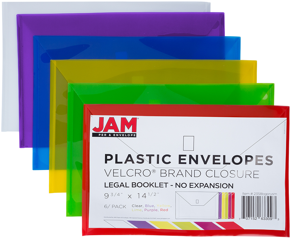 Assorted Legal Booklet Plastic Envelopes (9 3/4 x 14 1/2) with Hook and Loop Closure - 6 Pack
