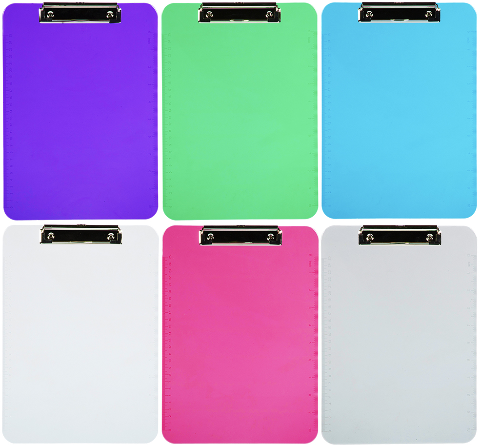 Assorted 9 x 13 Plastic Clipboards - 6 Pack