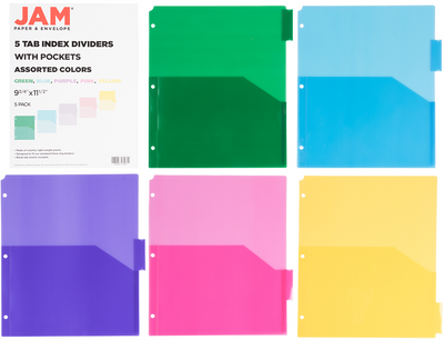 Assorted Plastic 5 Tab Binder Index Dividers with Pockets