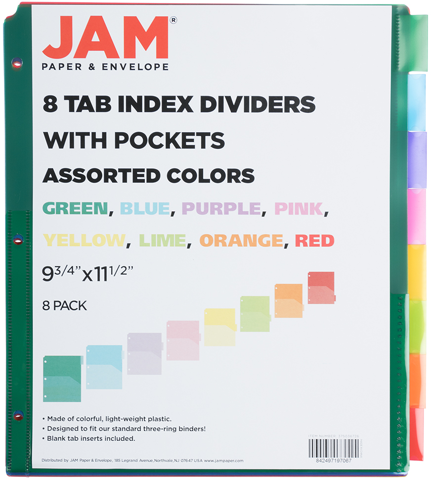Assorted Plastic 8 Tab Binder Index Dividers with Pockets