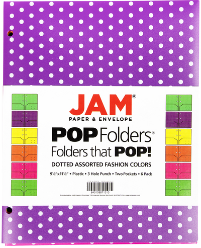 Assorted Dot Fashion Plastic Pop 3 Hole Punch Folders - 6 Pack