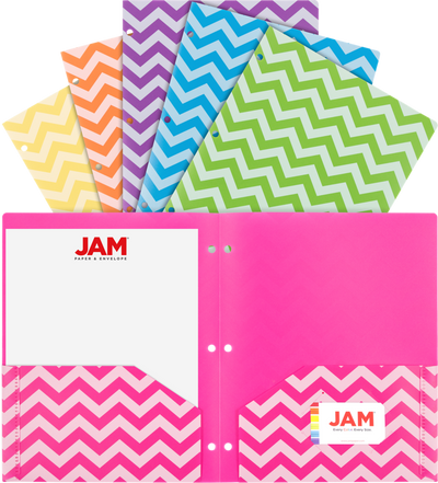 Assorted Chevron 9 1/2 x 11 1/2 Plastic 3 Hole Punch Folders - 6 Pack