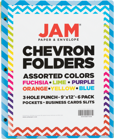 Assorted Chevron 9 1/2 x 11 1/2 Plastic 3 Hole Punch Folders - 6 Pack