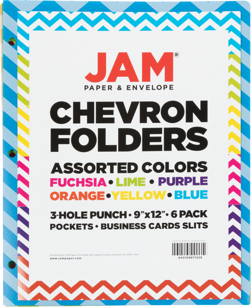 Assorted Chevron 9 1/2 x 11 1/2 Plastic 3 Hole Punch Folders - 6 Pack