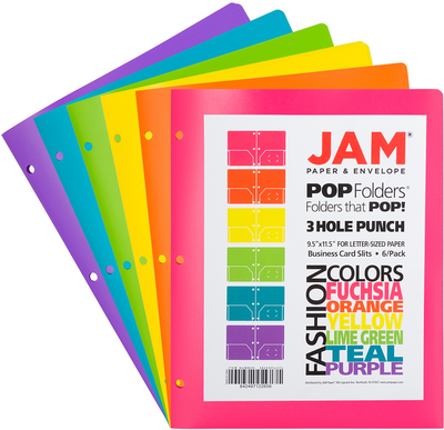 Assorted Fashion 9 x 12 Plastic Pop 3 Hole Punch Folders - 6 Pack