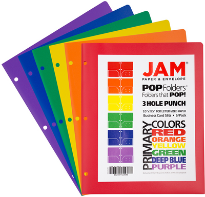 Assorted Primary 9 x 12 Plastic Pop 3 Hole Punch Folders - 6 Pack