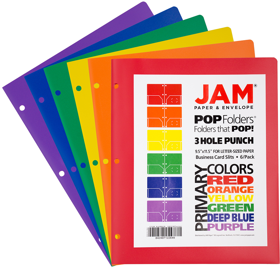 Assorted Primary 9 x 12 Plastic Pop 3 Hole Punch Folders - 6 Pack