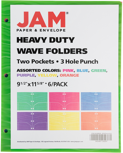 Assorted Wave 9 x 12 Plastic Heavy Duty 3 Hole Punch Folders - 6 Pack