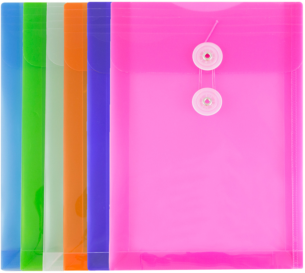 Assorted 6 1/4 x 9 1/4 Open End Plastic Envelopes with Button & String - 6 Pack