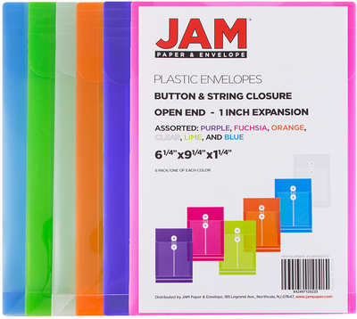 Assorted 6 1/4 x 9 1/4 Open End Plastic Envelopes with Button & String - 6 Pack