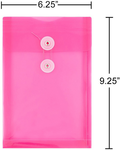 Assorted 6 1/4 x 9 1/4 Open End Plastic Envelopes with Button & String - 6 Pack