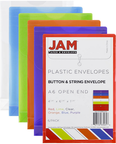 Assorted 4 1/4 x 6 1/4 Open End Plastic Envelopes with Button & String - 6 Pack
