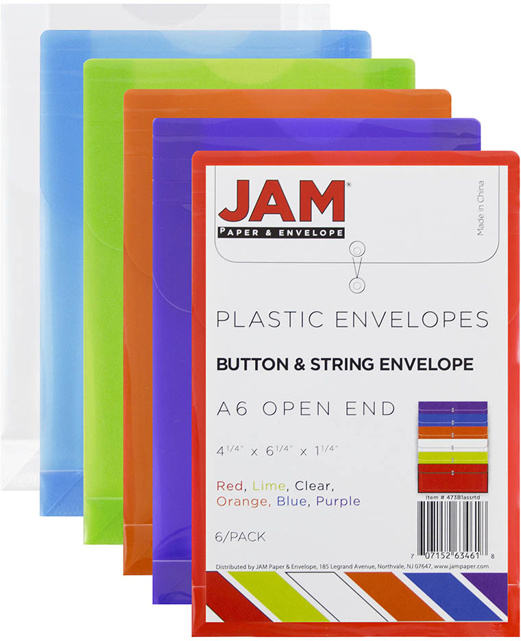 Assorted 4 1/4 x 6 1/4 Open End Plastic Envelopes with Button & String - 6 Pack
