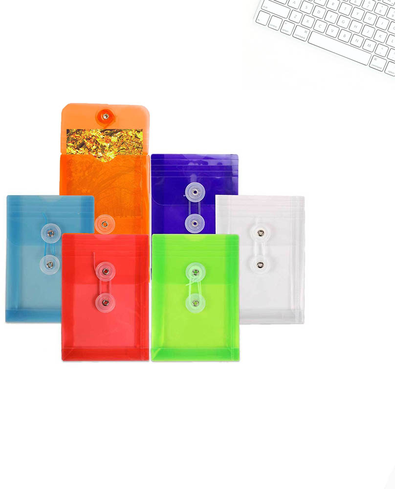 Assorted 4 1/4 x 6 1/4 Open End Plastic Envelopes with Button & String - 6 Pack