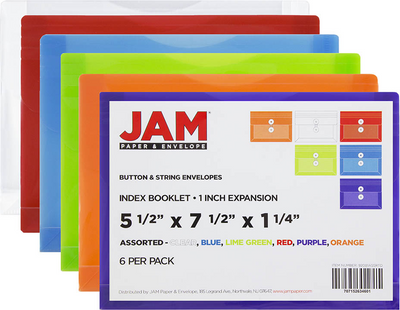 Assorted 5 1/2 x 7 1/2 Index Booklet Plastic Envelopes with Button & String - 6 Pack