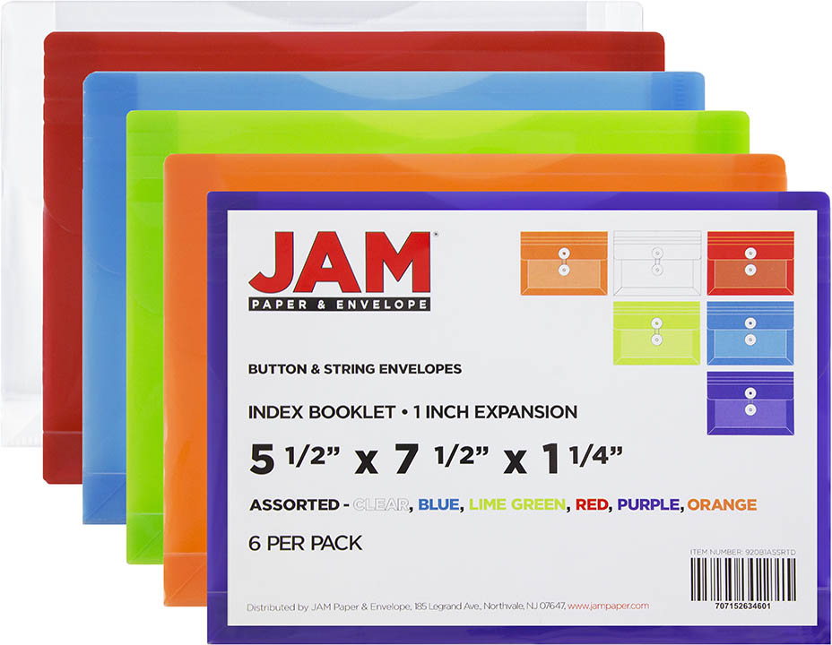 Assorted 5 1/2 x 7 1/2 Index Booklet Plastic Envelopes with Button & String - 6 Pack