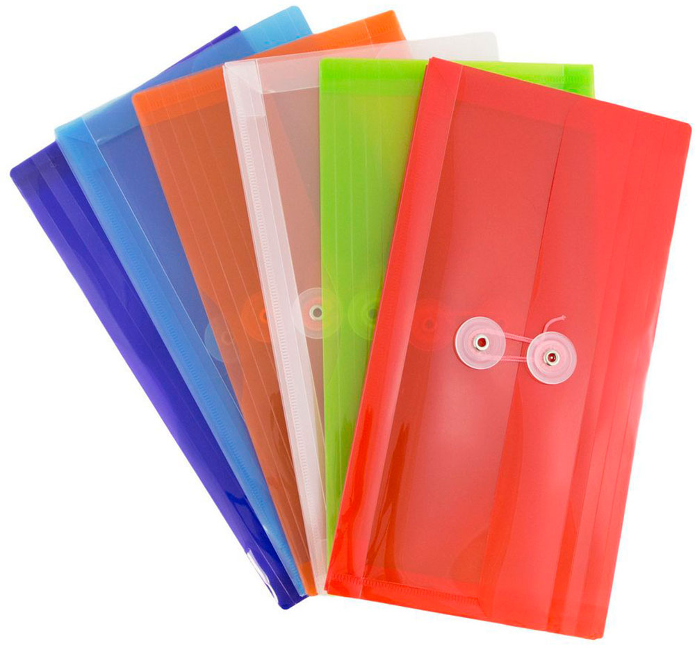 Assorted #10 Business Plastic Envelopes (5 1/4 x 10) with Button & String - 6 Pack