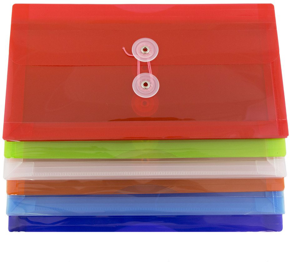 Assorted #10 Business Plastic Envelopes (5 1/4 x 10) with Button & String - 6 Pack