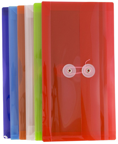 Assorted #10 Business Plastic Envelopes (5 1/4 x 10) with Button & String - 6 Pack