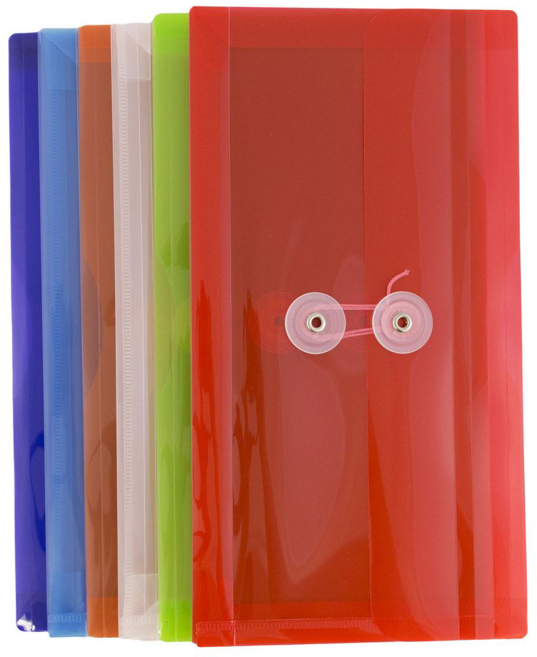 Assorted #10 Business Plastic Envelopes (5 1/4 x 10) with Button & String - 6 Pack