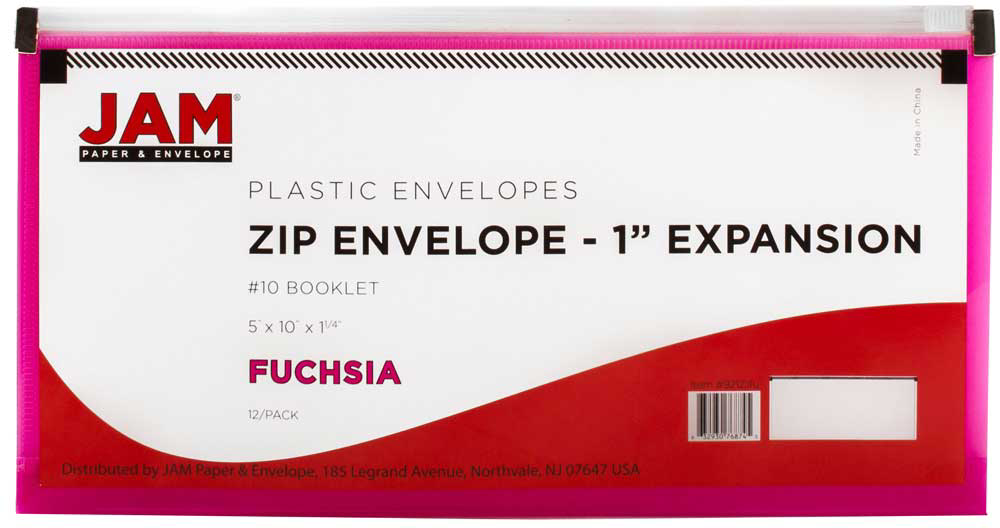 Fuchsia Pink #10 Business Plastic Envelopes (4 1/8 x 9 1/2) with Zip Closure