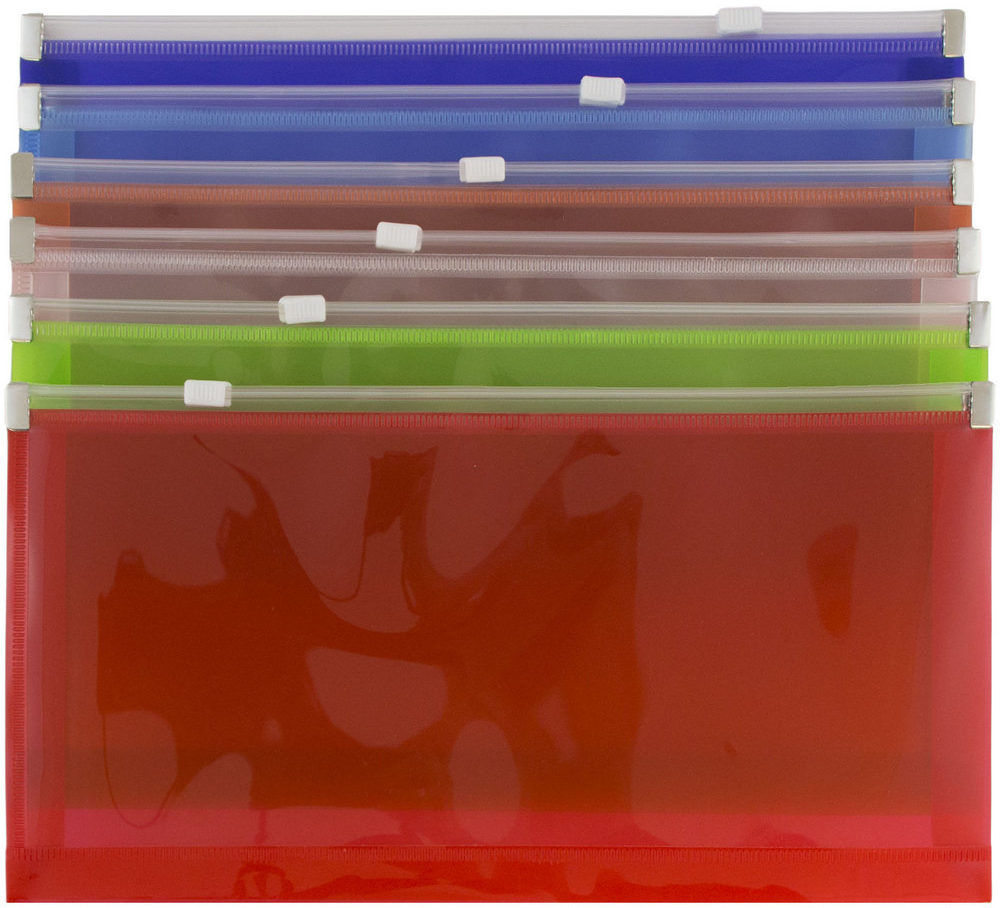 Assorted Business Plastic Envelopes (5 1/4 x 10) with Zip Closure - 6 Pack