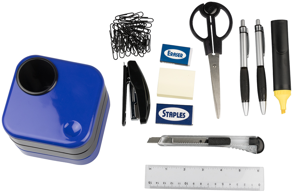 Blue Swivel Desk Organizer and Supplies Set (Organizer, Stapler, Staples, Paper Clips, Ruler, Scissor, Pens, Highlter, and Eraser)