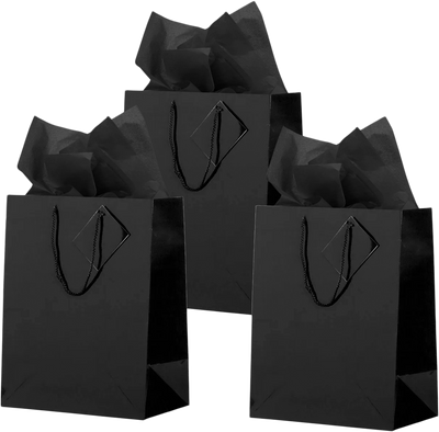 Black Large Glossy Gift Bags (10 x 13 x 5) (3 Pack) with Tissue Paper (10 Pack)
